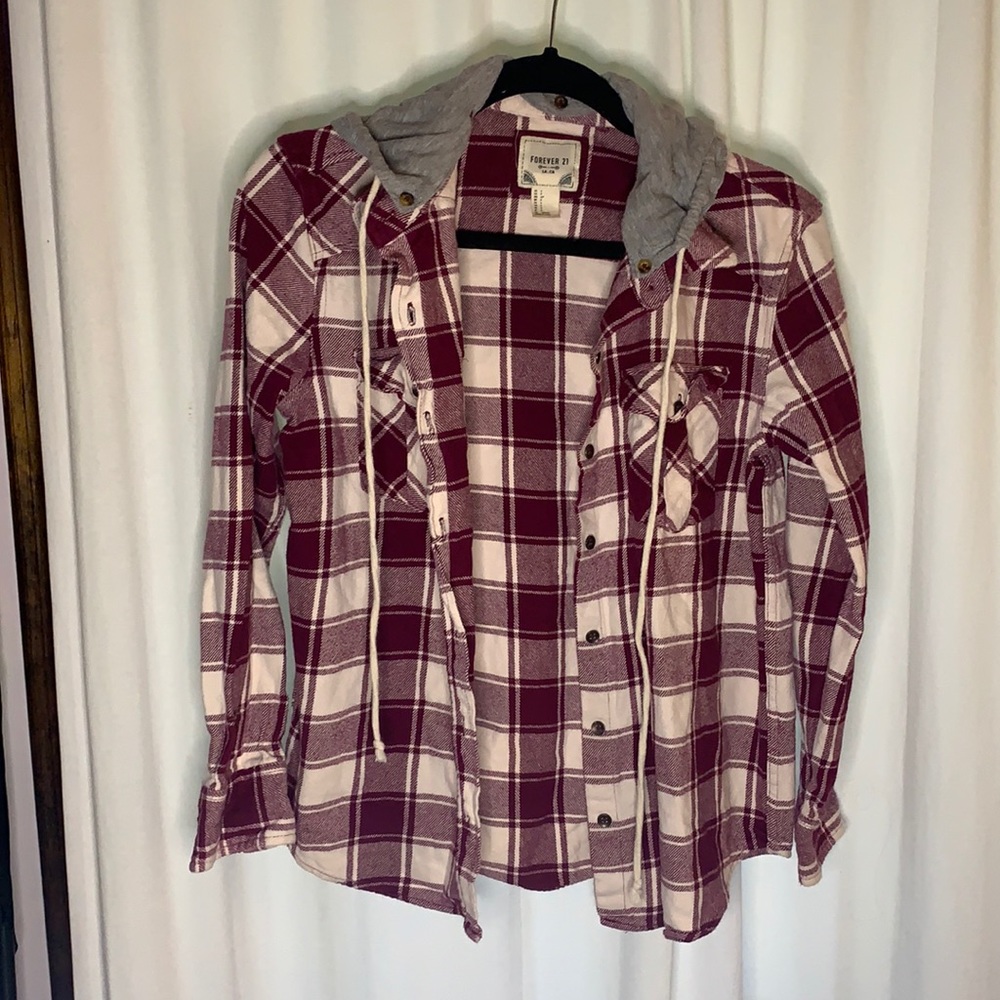 Maroon & White Plaid Flannel with Hood